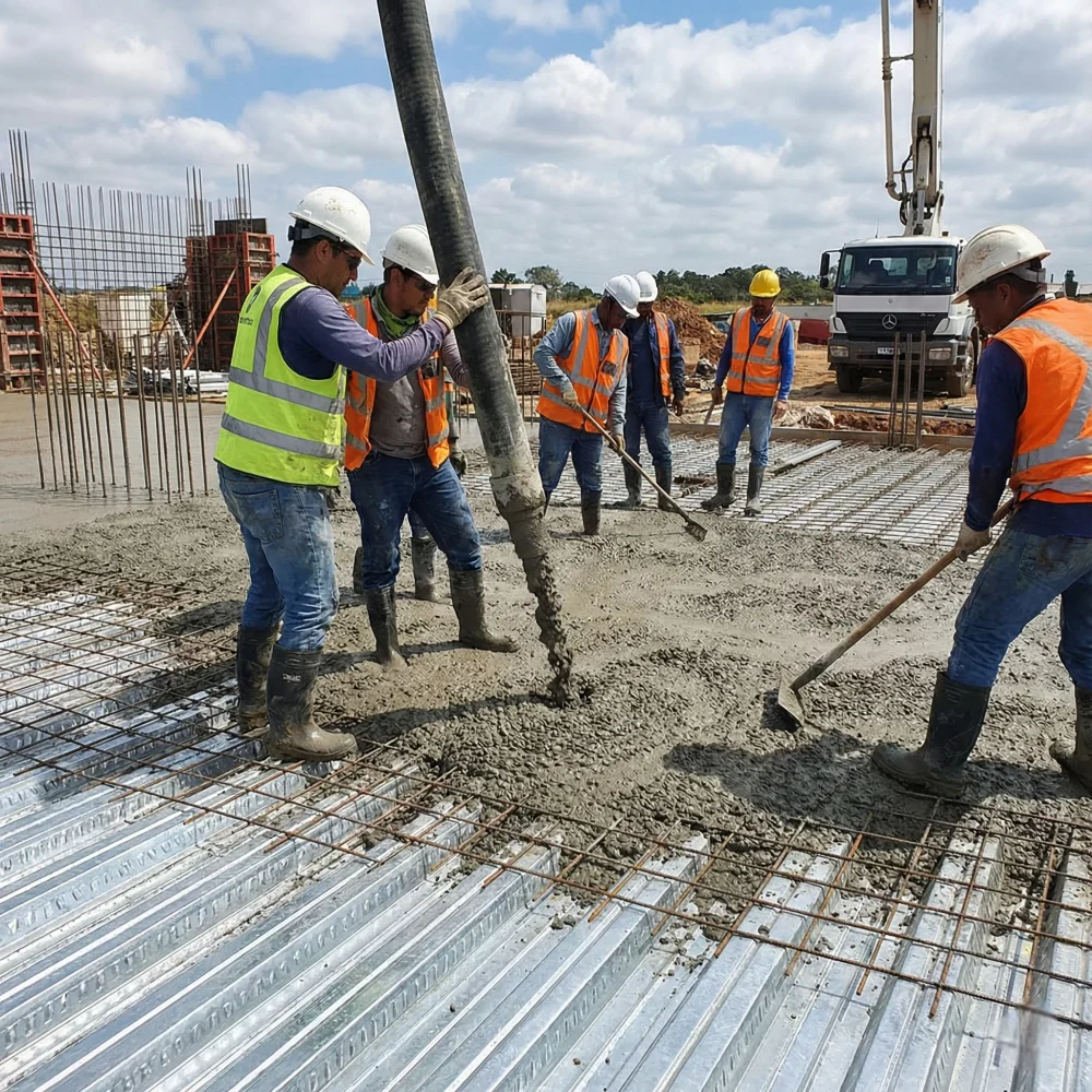 Proceso de colado de concreto sobre lámina Losacero y malla electrosoldada en obra.