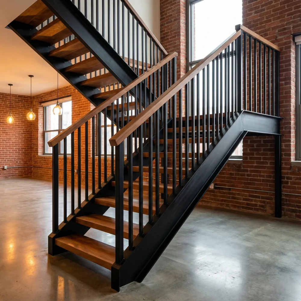 Escalera de estilo industrial moderno con estructura y barandales de perfil PTR negro.