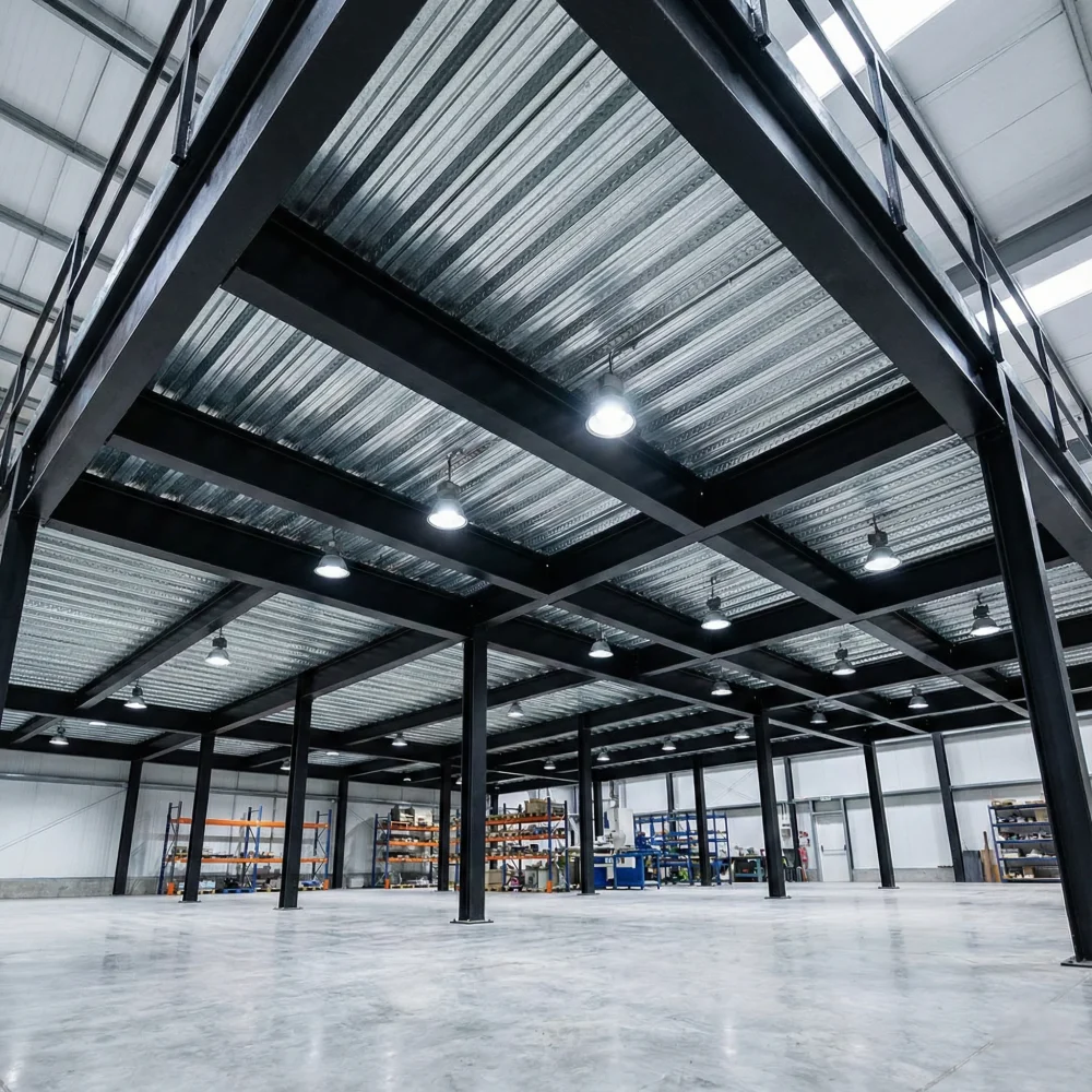 Estructura de mezzanine industrial con losa de acero galvanizada sobre vigas IPR para maximizar espacio.