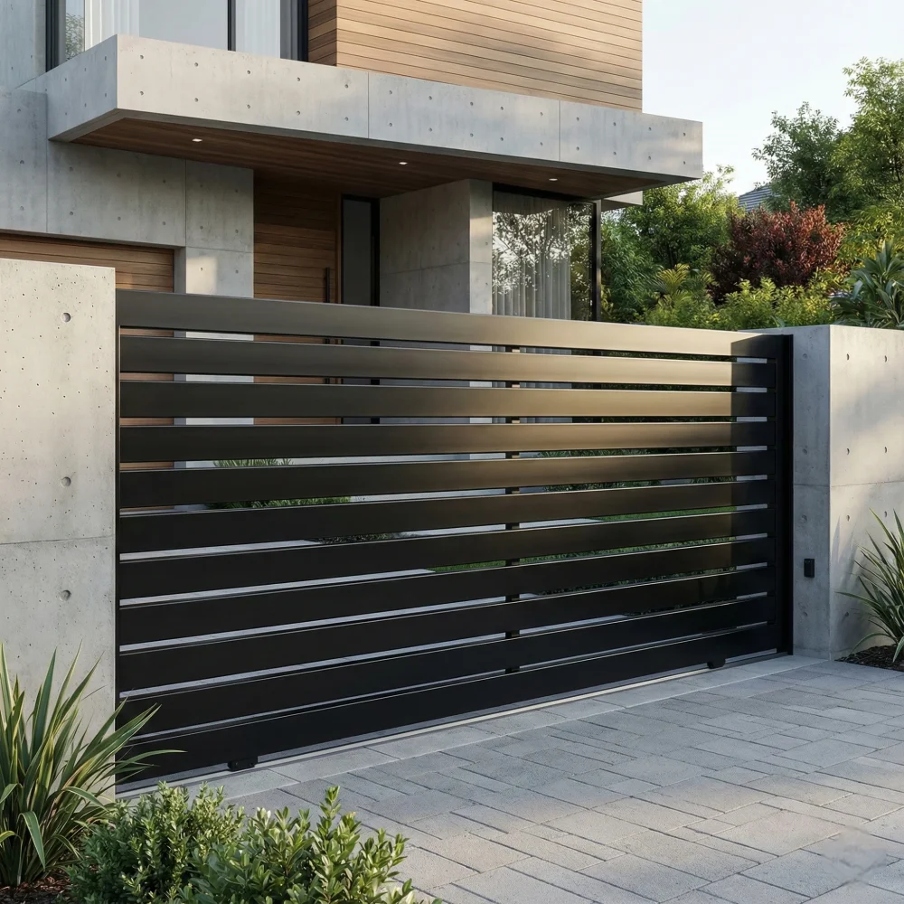 Portón de diseño moderno minimalista fabricado con perfil tubular rectangular PTR pintado en negro.