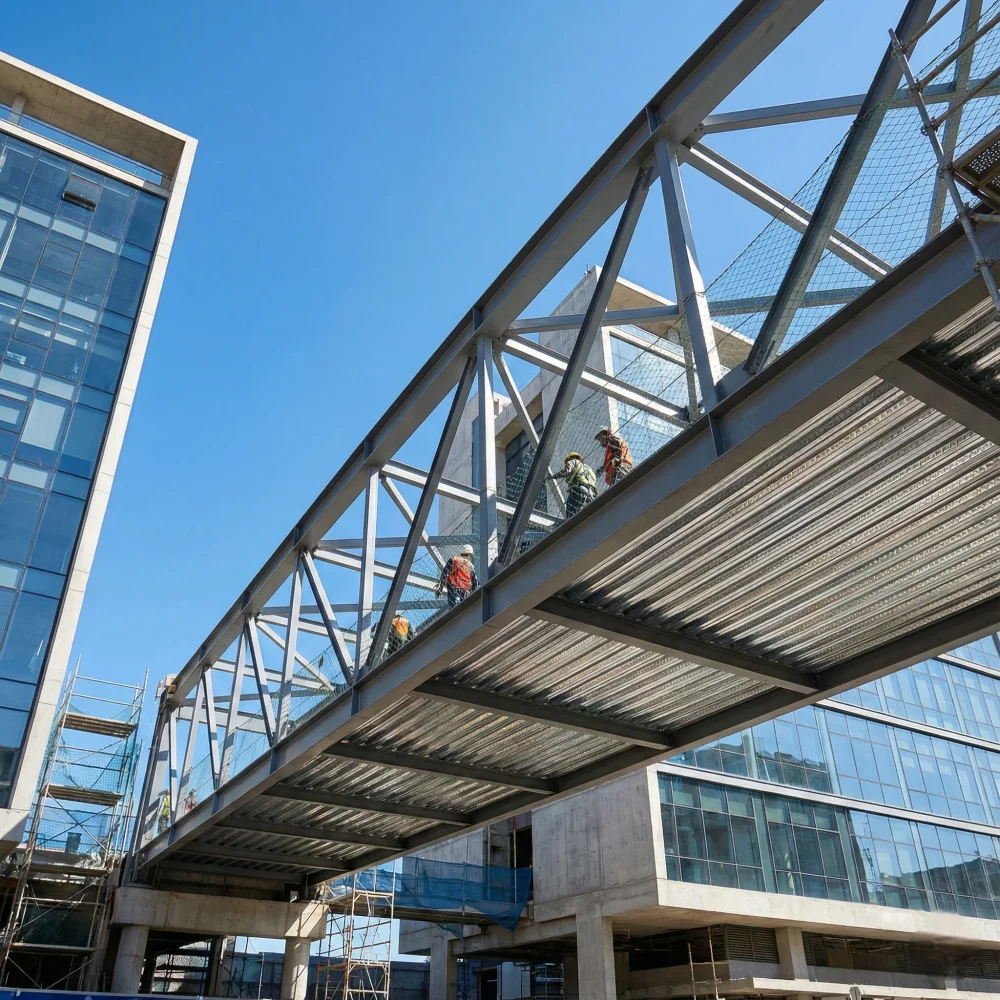 Estructura de puente peatonal fabricado con sistema de lámina Losacero de alta resistencia.
