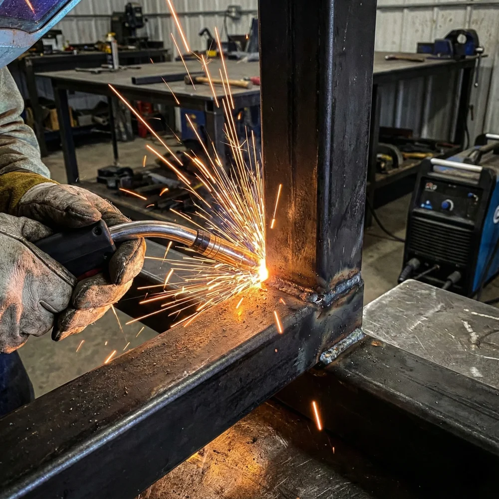 Proceso de soldadura en unión de perfiles PTR mostrando facilidad de armado y ensamble.