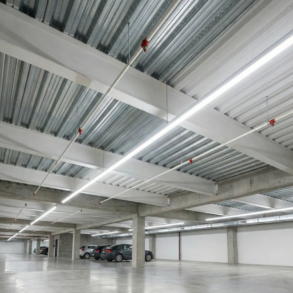 Techo de estacionamiento con acabado aparente de lámina Losacero e instalaciones visibles.